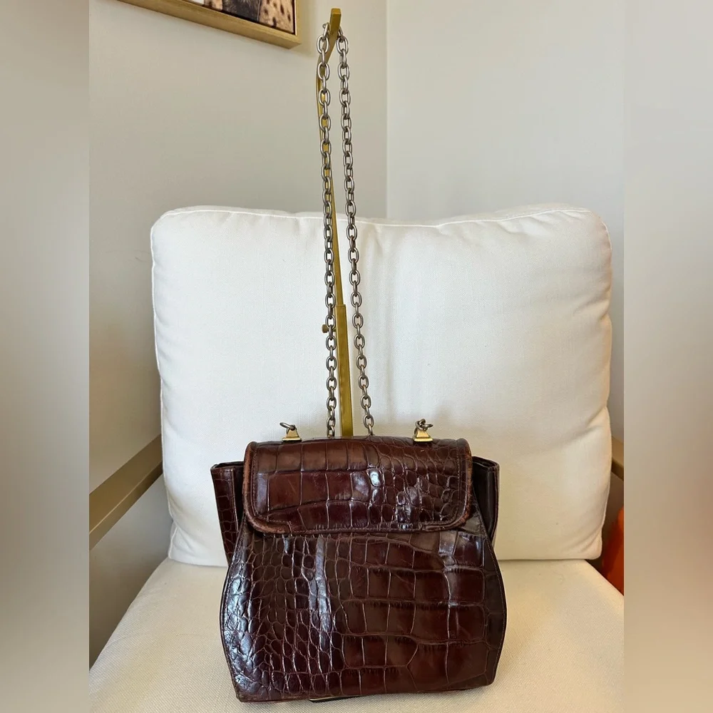 VALERIE ANN VINTAGE BROWN CROCODILE EMBOSSED BAG WITH CHAIN STRAP
